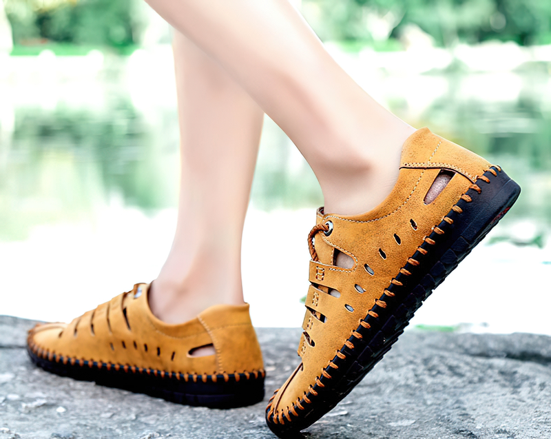 Men's Lace-Up Leather Soft Sandals, perfect outdoor water shoes with microfiber upper and durable rubber outsole. Ideal for adventures!